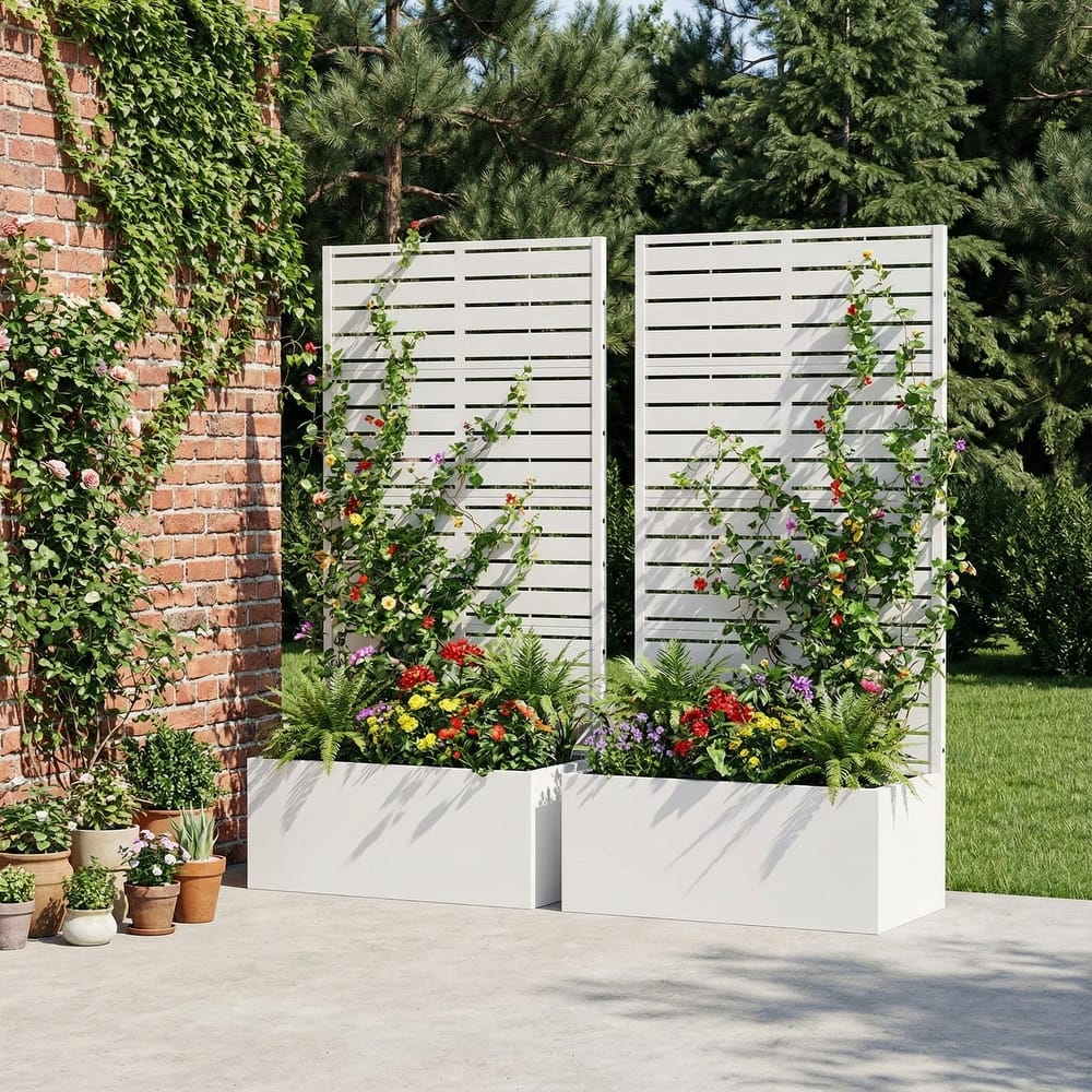 Metal Planter Box with Trellis Privacy Screen Planter Box Set of 2