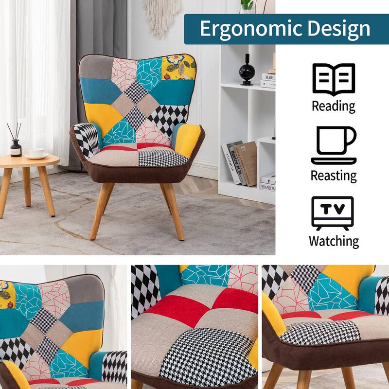 HOMYKA 30" Patchwork Camelback Accent Chair with Colorful Fabric