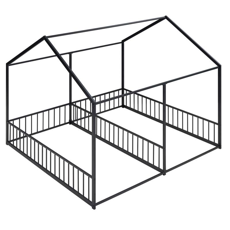 Twin Size Metal House Platform Bed with Roof, Windows, and Guardrails, 2-in-1 Bed Design, Easy Assembly