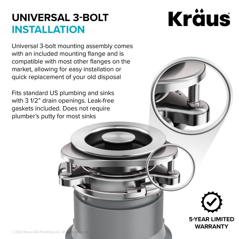 KRAUS WasteGuard Continuous Feed Garbage Disposal for Kitchen Sinks