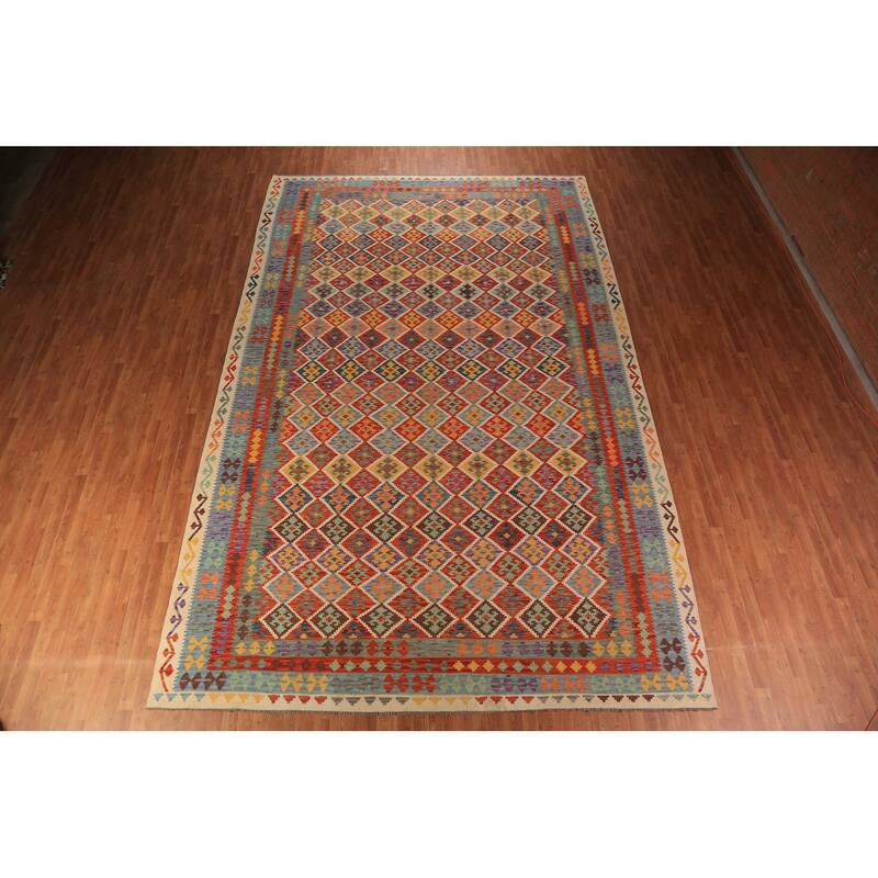 All-Over Trellis Kilim Oriental Large Rug Hand-Woven Wool Carpet - 10'4"x 16'1"