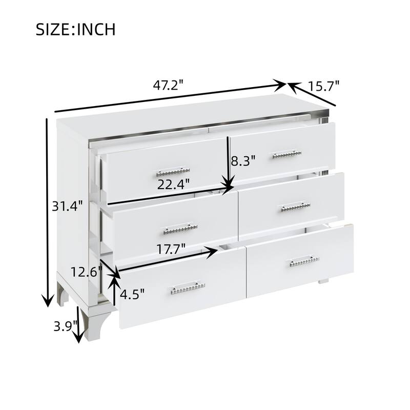 Dresser for Bedroom, 47" High Gloss Dresser with 6 Drawers, Mirrored Storage Chest of Drawers with Metal Handle