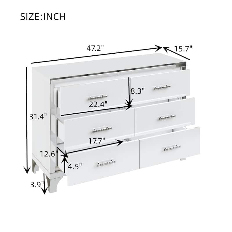 Elegant High Gloss Dresser with Metal Handle,Mirrored Storage Cabinet with 6 Drawers for Bedroom,Living Room