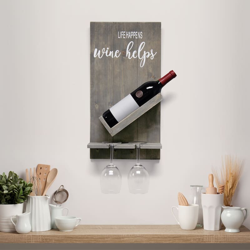 Elegant Designs Lucca Wall Mounted Wooden “Life Happens Wine Helps” Wine Bottle Shelf with Glass Holder
