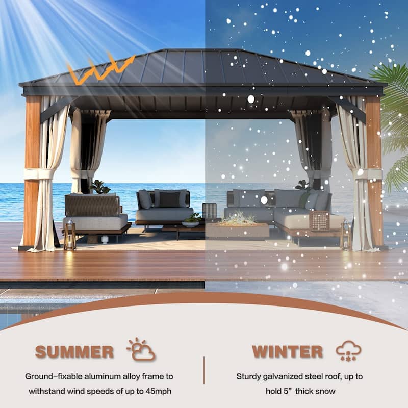 Outdoor Galvanized Steel Roof Gazebo Pergola w Wooden Coated Alumninum Frame, Privacy Curtains and Nettings Include