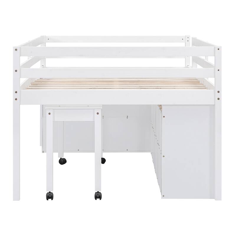 Full Size Loft Bed with Retractable Writing Desk and 4 Drawers