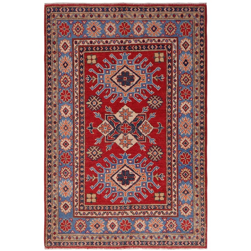 Southwestern Kazak Camren Red/Light Blue Wool Rug - 3'3'' x 4'9''