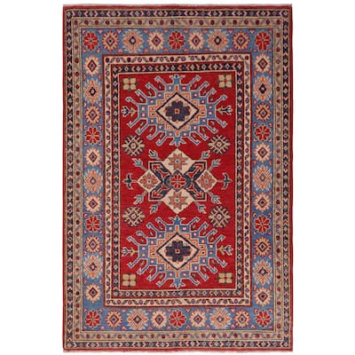 Southwestern Kazak Camren Red/Light Blue Wool Rug - 3'3'' x 4'9''