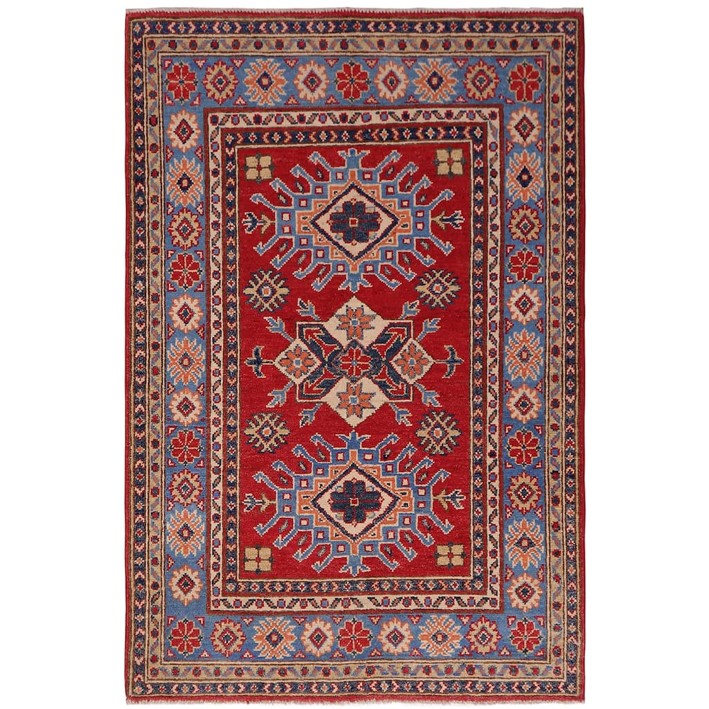Southwestern Kazak Camren Red/Light Blue Wool Rug - 3'3'' x 4'9''
