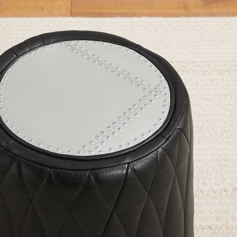 Art Leon Industrial Aluminum and Genuine Leather Ottoman Stool