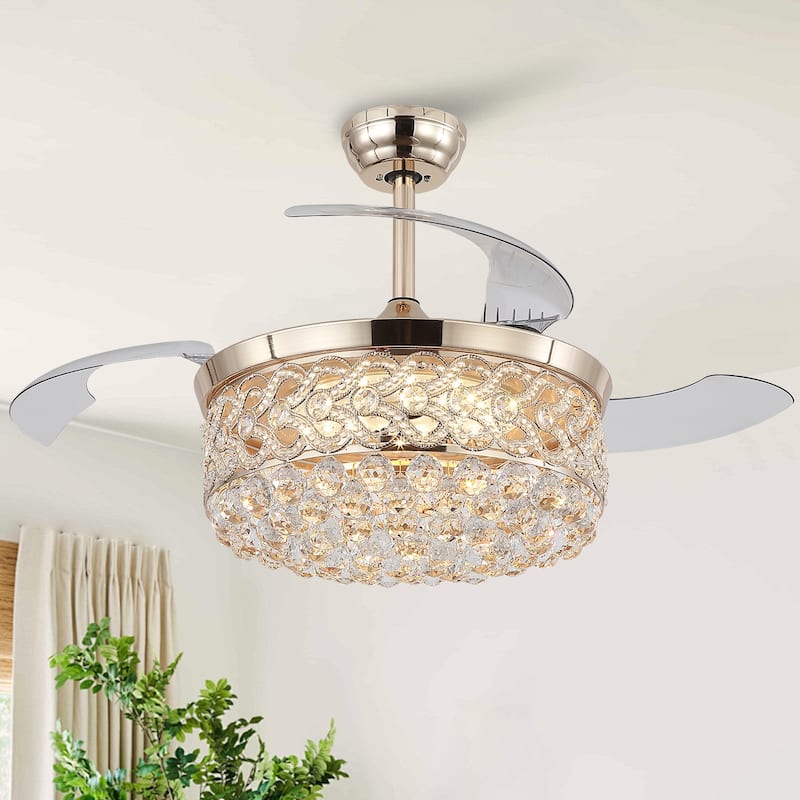48'' Retractable Ceiling Fan with Lights and Remote 6 Speed, 3 Light Change Retractable Blade Chandelier Ceiling Fan