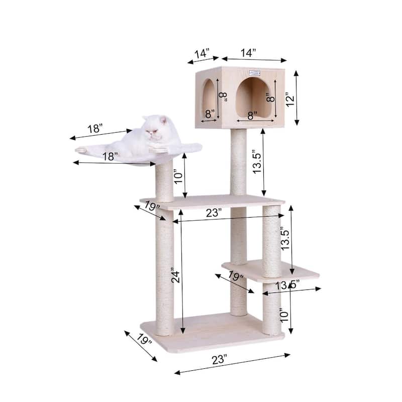 Real Wood Premium Scots Pine, Solid Wood Cat Tree, 50" Tall - Natural Beige