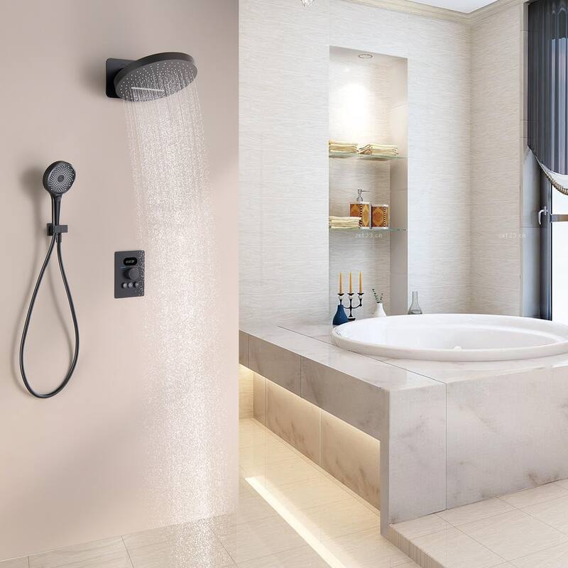 6-Way Wall Mounted 12.6'' Round Showerhead with High-pressure Handheld Showerhead in Black/Gold