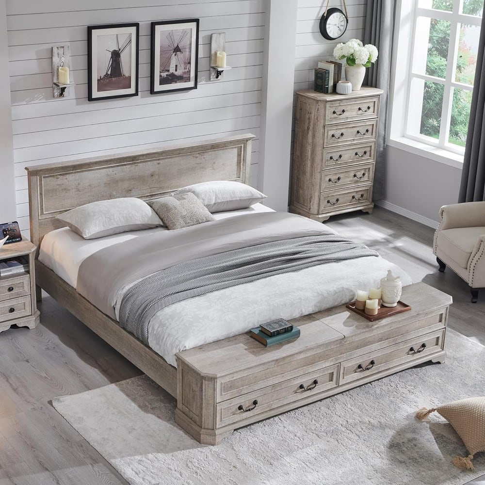 Farmhouse Bed Frame w/ Headboard & Storage Bench, Wood Platform Bed