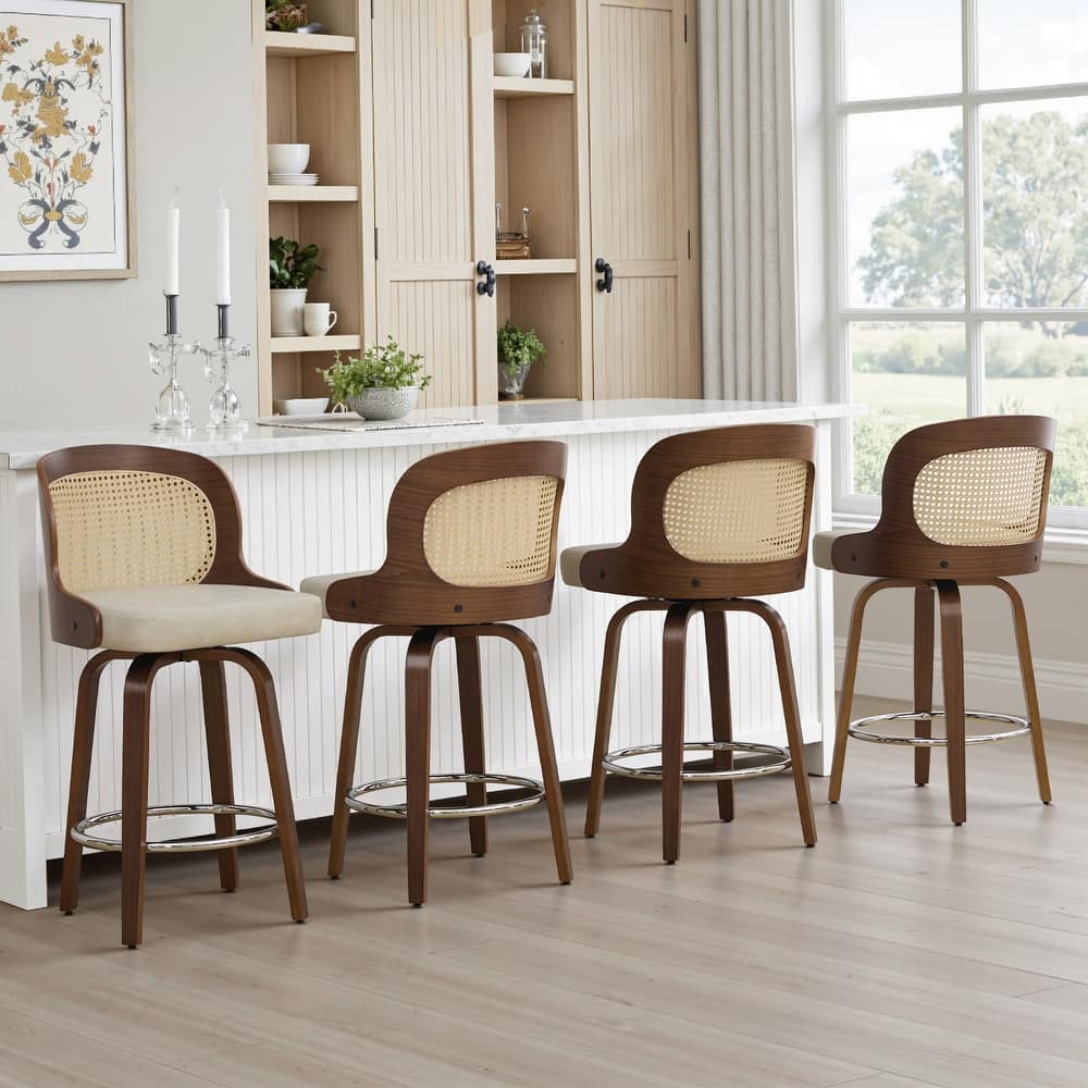 26" Upholstered Swivel Counter & Bar Stool with Rattan Back - 37.4"H x 19.09"W x 19.88"D