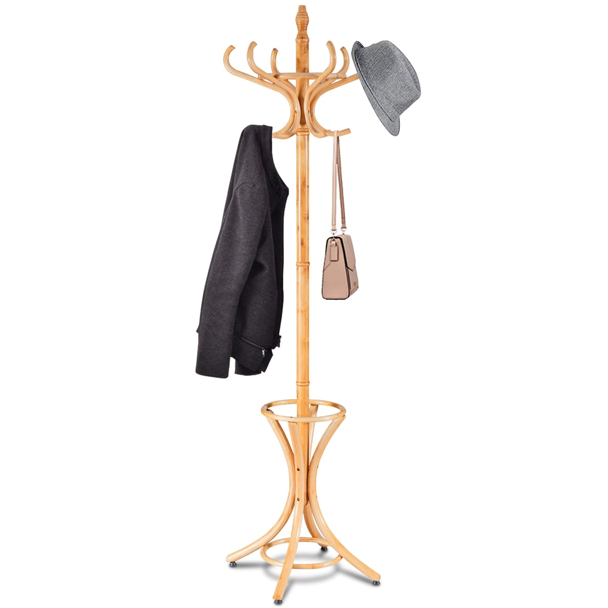 Gymax Wood Standing Hat Coat Rack Jacket Bag Hanger Tree 12 Hooks w Oak Wood
