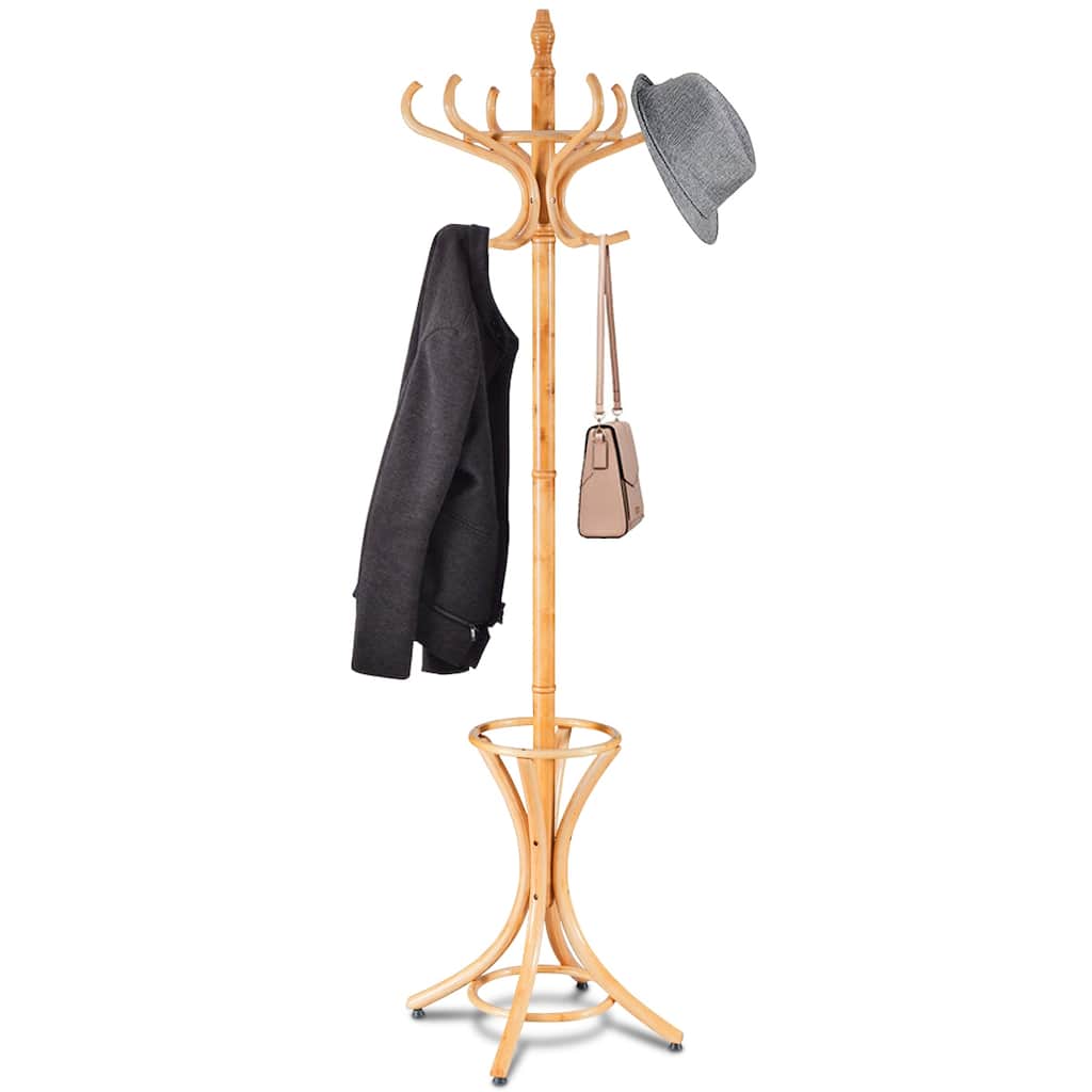 Gymax Wood Standing Hat Coat Rack Jacket Bag Hanger Tree 12 Hooks w/
