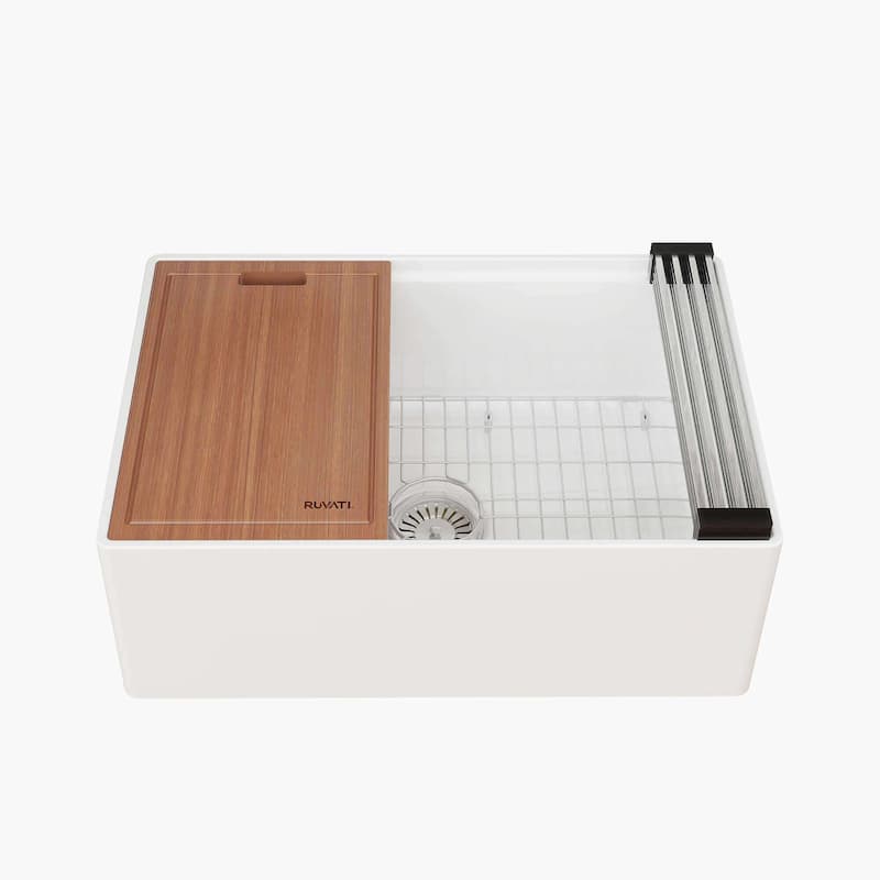 Ruvati 27 inch Fireclay Workstation White Farmhouse Kitchen Sink Apron Front Single Bowl - RVL2781WH - 27 x 18