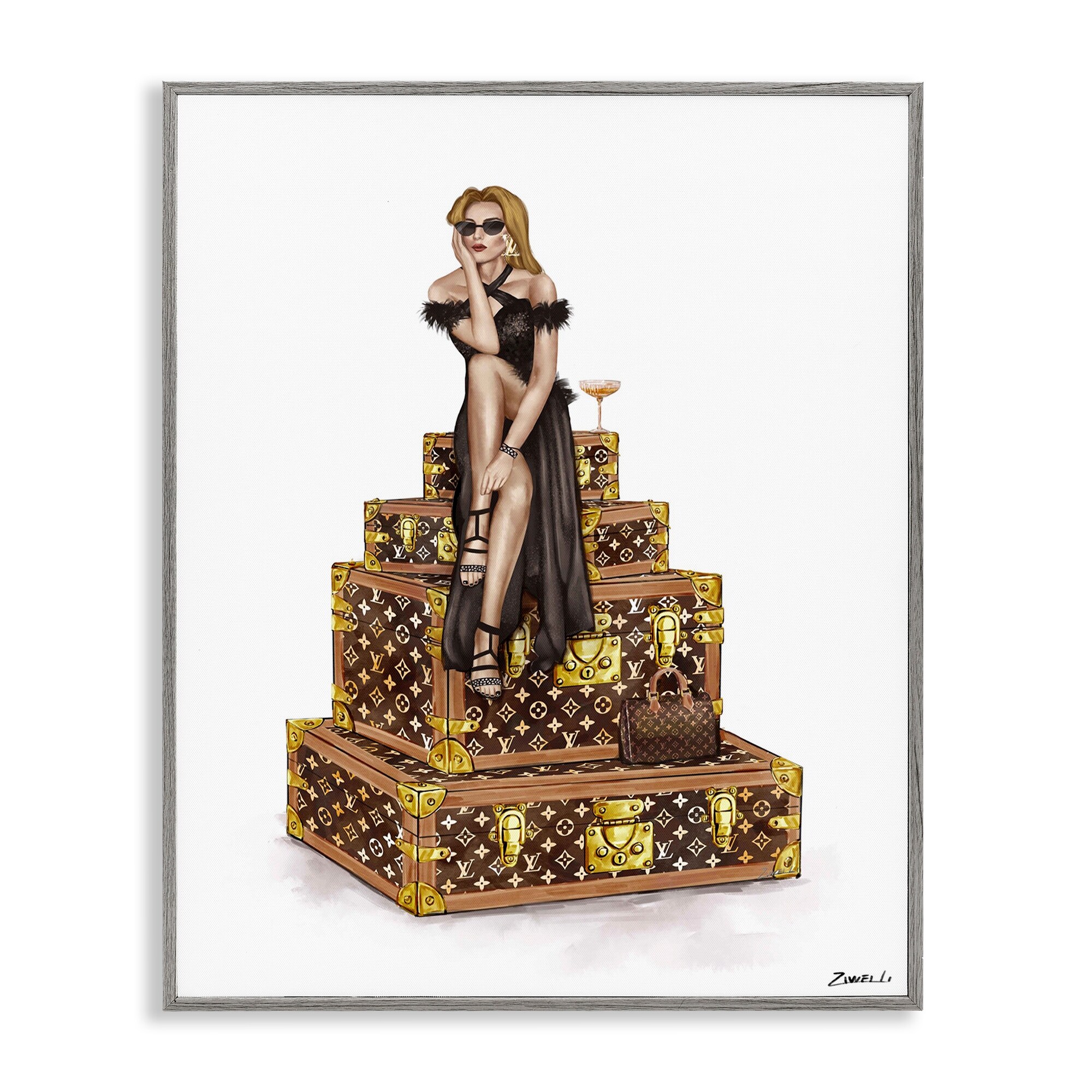Stupell Glam Girl Perched on Cases Framed Giclee Art Design By Ziwei Li