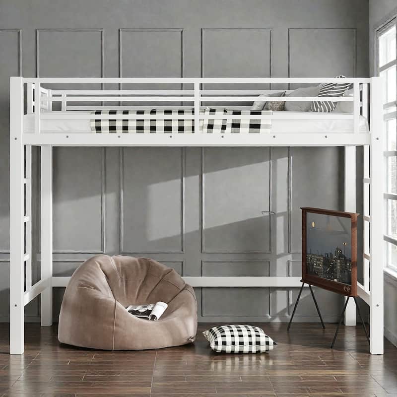 Metal Loft Bed with Dual Ladders and Guardrails, Space Saving Loft Bed for Dorm or Bedroom
