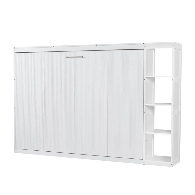 Full Size Murphy Bed with Bookshelf, Foldable Bed Frame with Storage Shelves, Wooden Cabinet Bed with Handle