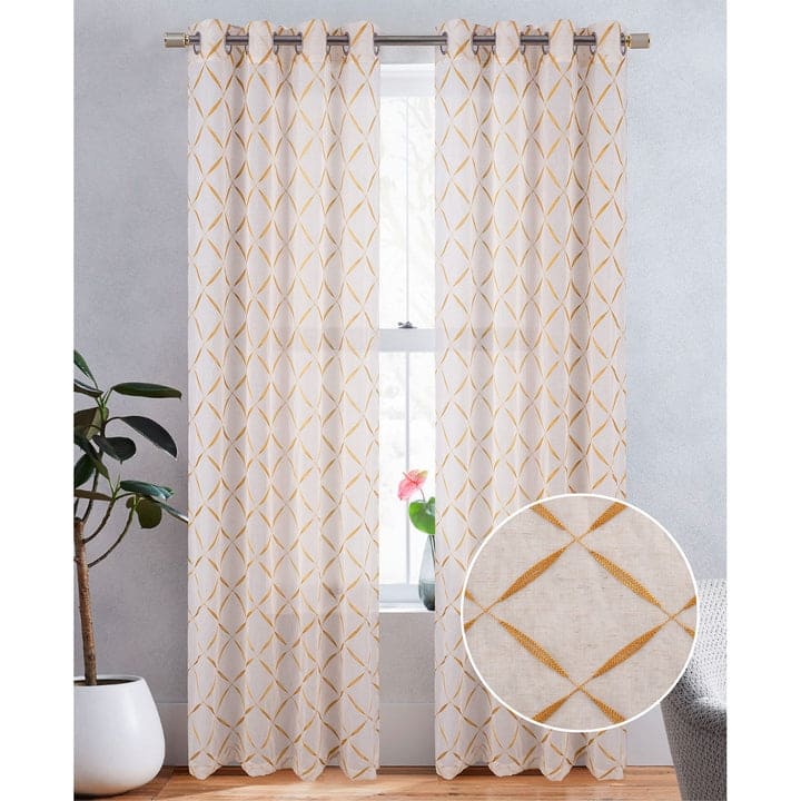 Boca Metallic Embroidered Linen Look Grommet Window Curtain Panel, 54x84 Inches - 54x84 Inches - Gold