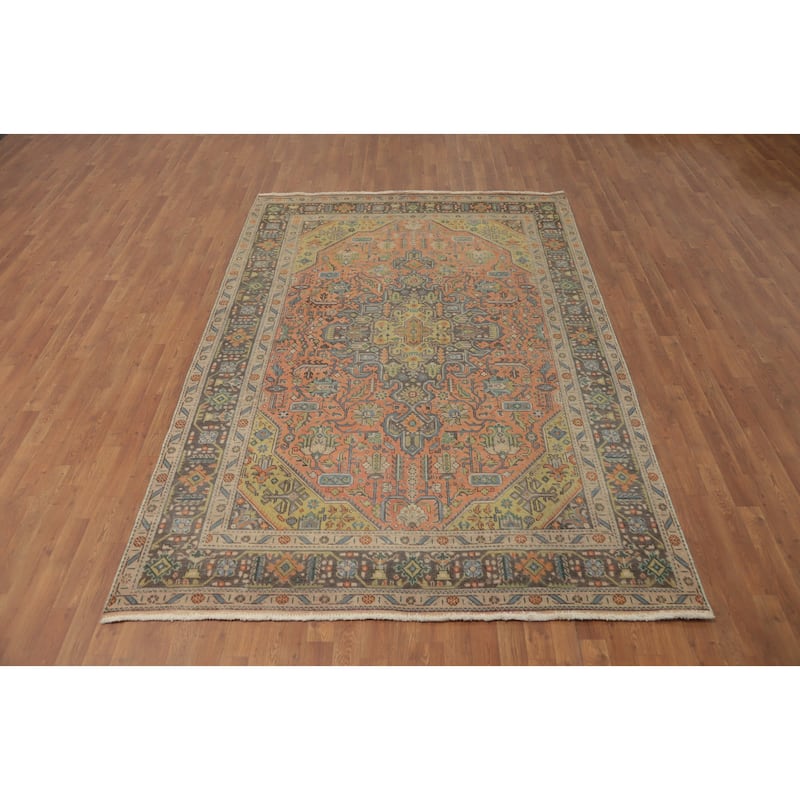 Hand Knotted Oriental 100% Wool Carpet Traditional Floral Peach Tabriz Area Rug - 9' 6'' X 6' 6''