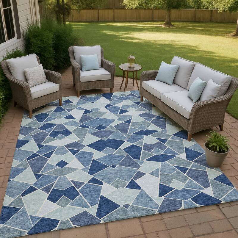 Machine Washable Indoor/ Outdoor Modern Mosaic Chantille Rug - Navy - 9' x 12'