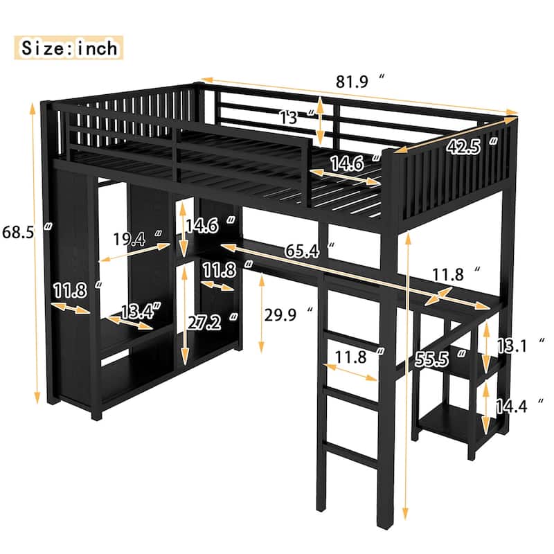 Black Metal Loft Bed Frame with Built-In Wardrobe, Desk and Shelves