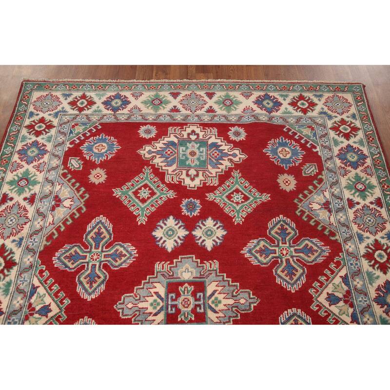 Geometric Red Kazak Area Rug Handmade Wool Carpet - 5'2" x 6'9"