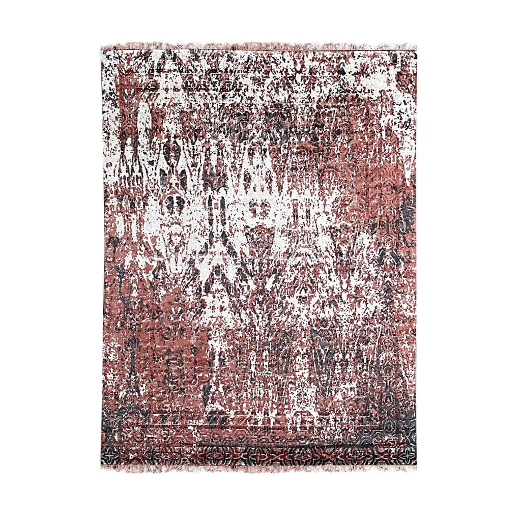 Ivory Red Hand Knotted Wool Transitional Modern Rug 7' x 9' - Ornamental Medallion 0.5" Pile Design - N/A