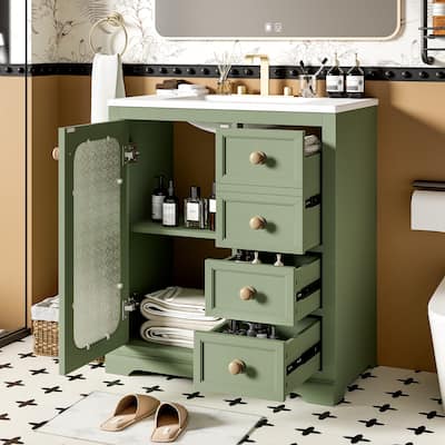 30-inch Bathroom Vanity with a Soft Close Glass Door, Adjustable Shelves and Three Drawers