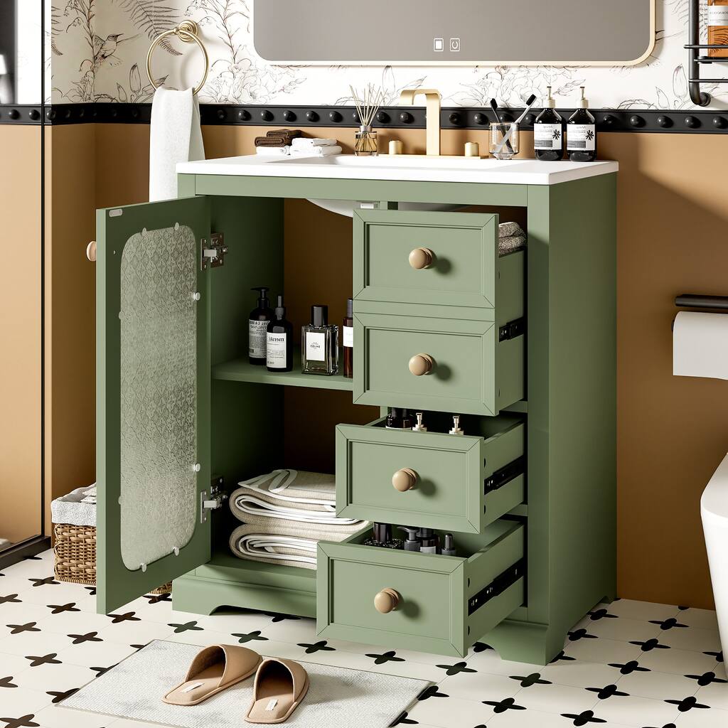 Bathroom Vanity with Ceramic Sink, Bathroom Cabinet with Adjustable Shelves, Vanity Set with Glass Door and 3 Drawers