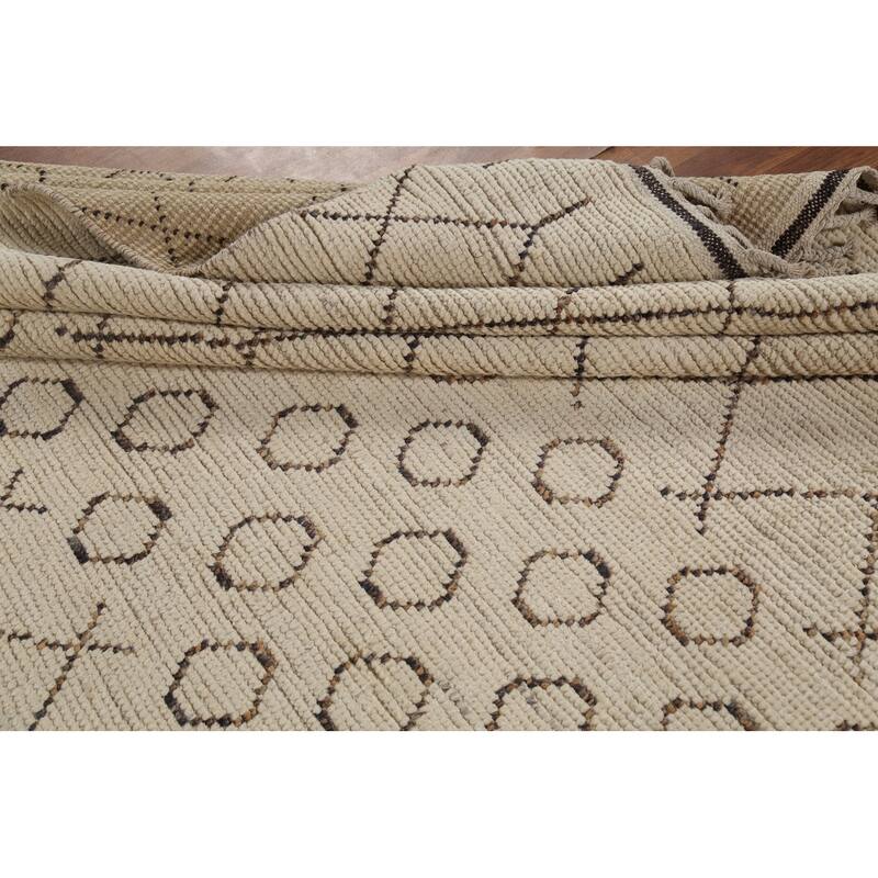 Ivory Trellis Moroccan Rug Hand-Knotted Striped Wool Carpet - 8'1"x 10'4"