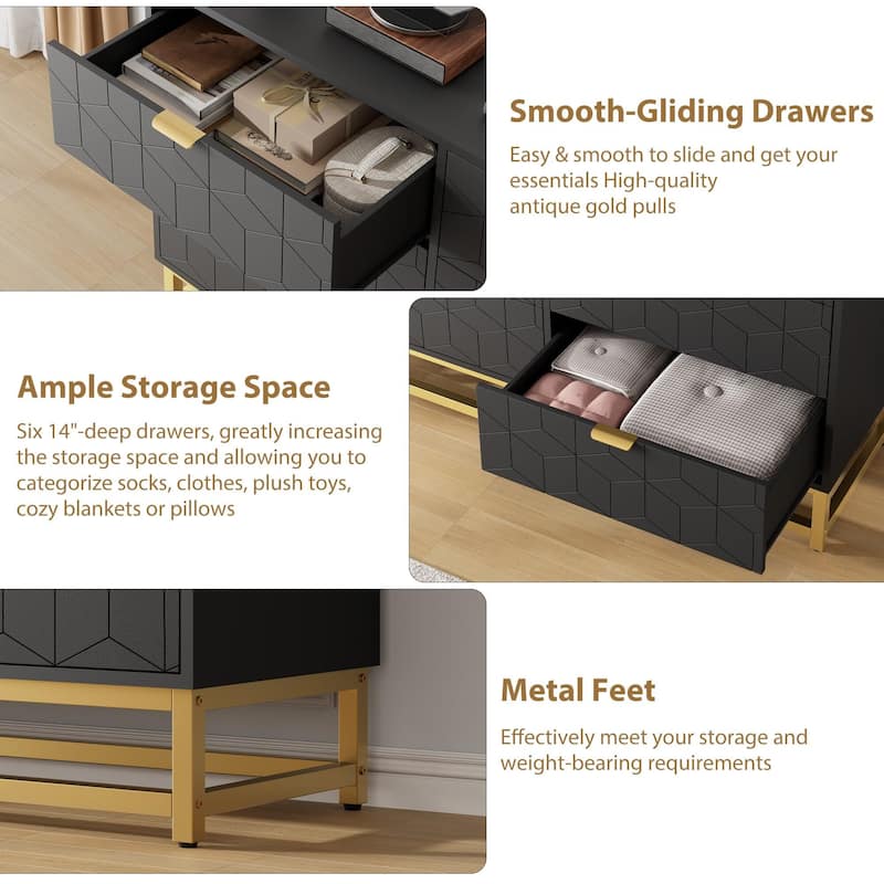 6 Drawer Dresser, with Gold Handles, for TV Stand & Closet