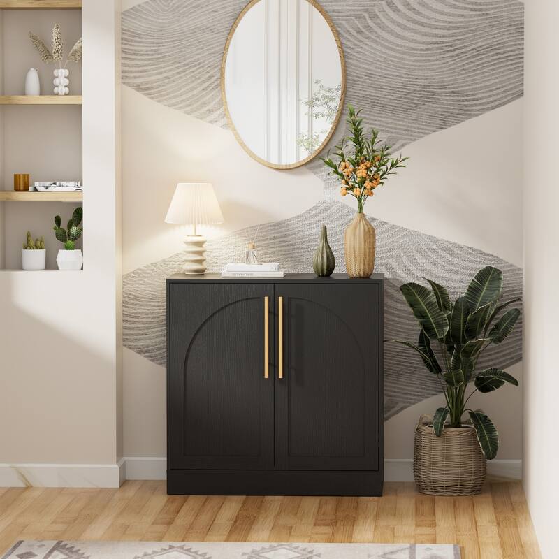 Arched Two-Door Cabinet Curio Display Cabinet with Gold Handles - Black 1PCS