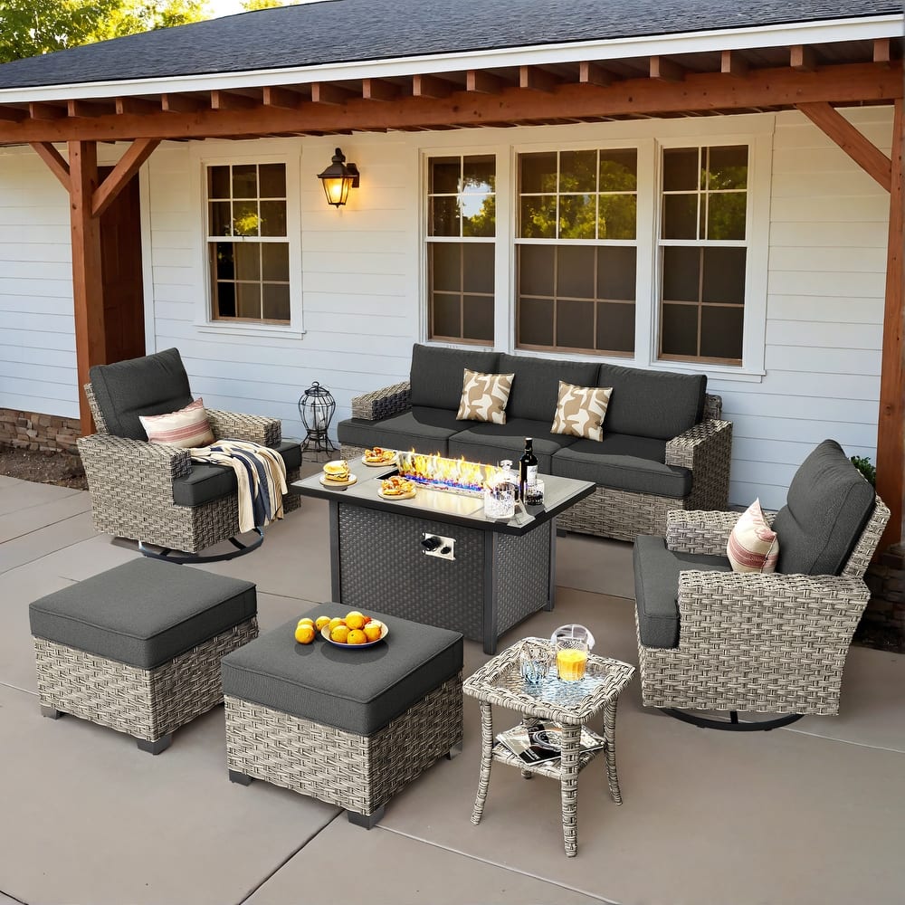 OVIOS 9 Pieces T shaped Seat Wide Armrest Swivel Chair Set With Fire Pit