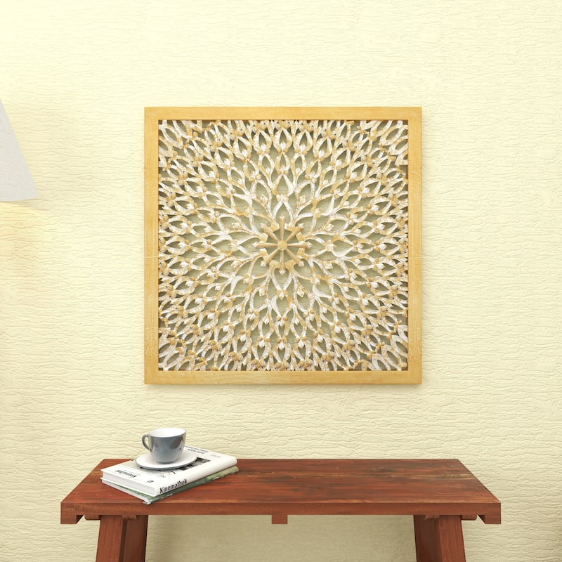 Light Brown Wood Handmade Intricately Carved Floral Home Wall Decor with Mandala Design
