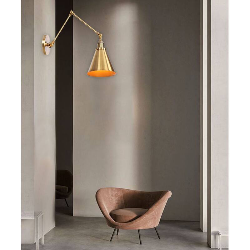 Industrial 1-Light Swing Arm Wall Sconce with Metal Cone Shade