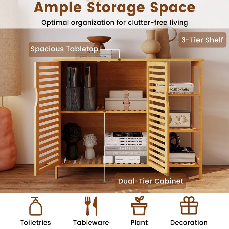 Gymax Bamboo Bathroom Cabinet 2-Door Storage Organizer w/ Shelves