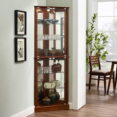 Corner Curio Cabinet with Mirrored Back, Lighting & Adjustable Shelves 4 Glass Doors, E26 Bulb Compatible