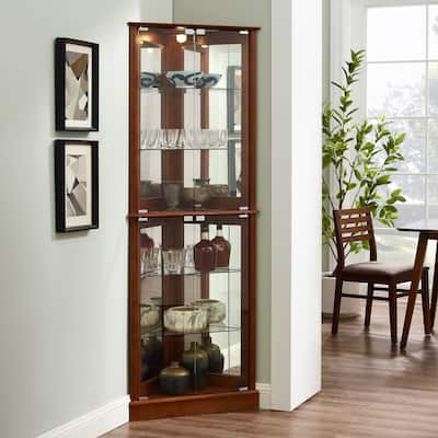 Lighted Corner Curio Cabinet with 4 Tempered Glass Shelves & Mirrored Back Panel Adjustable Shelves & E26 Lighting (No Bulb)