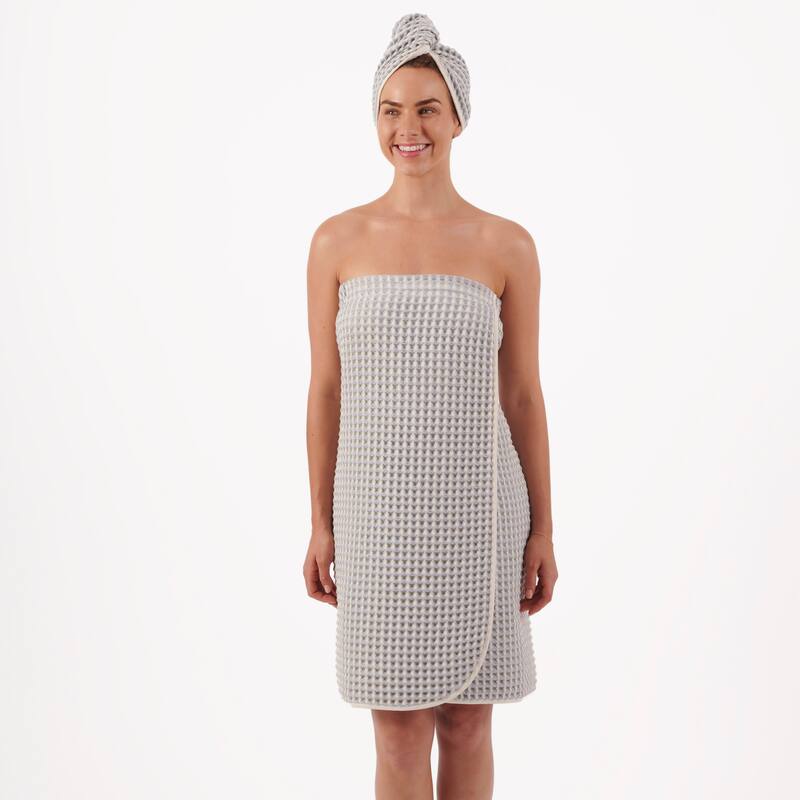 DKNY PURE Yarn Dyed Waffle Body Wrap and Hair Wrap Set