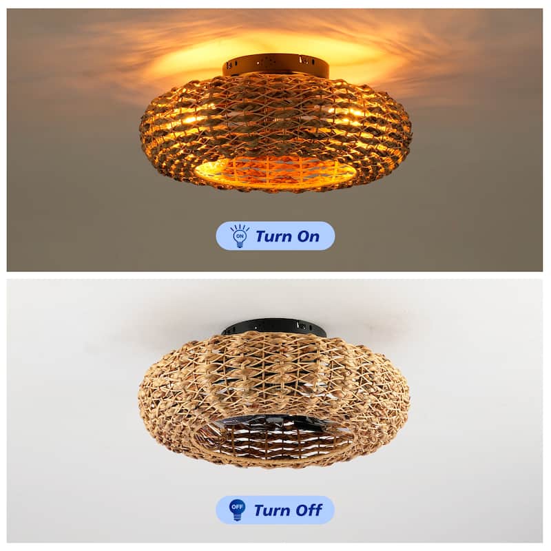 20 inch Flush Mount Ceiling Fan Light with Remote Caged Farmhouse Fandelier Black Wood Low Profile - Rattan Woven(Bulbs not included) - Weaving