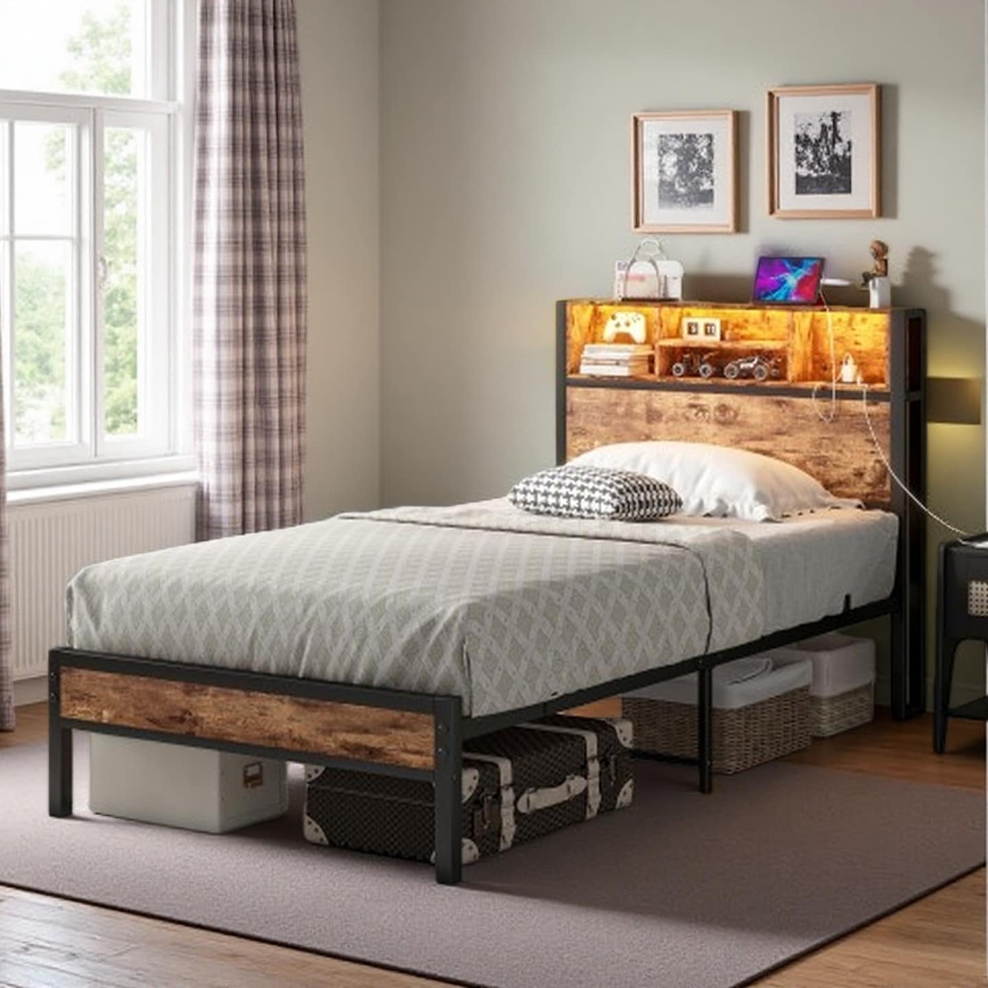 Twin Metal Platform Bed with Built-In Charging Station, LED Headboard Lighting, Bookcase Storage, and Under-Bed Space