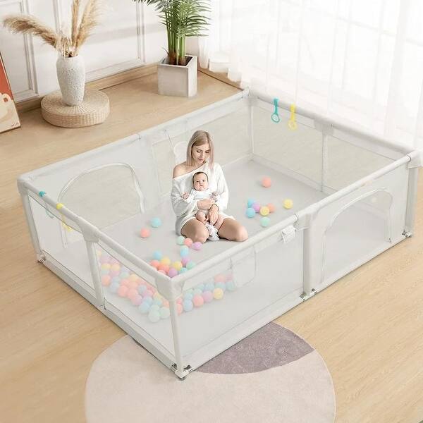 slide 2 of 7, Infant 79"x63" 4-Panel Baby Playpen Spacious & Secure Foldable Playard White White