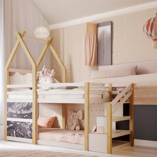 slide 2 of 9, Twin over Twin House Bunk Bed with Storage Staircase and 2 Blackboards