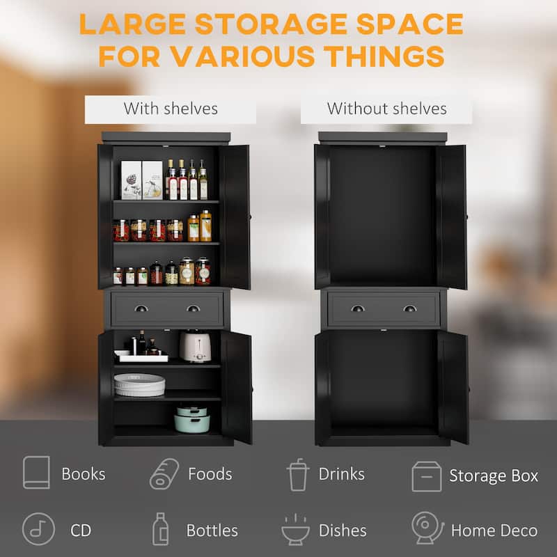HOMCOM 72" Freestanding Kitchen Pantry Cabinet, Tall Storage Cabinet with 2 Door Cupboards, Drawer and Adjustable Shelves