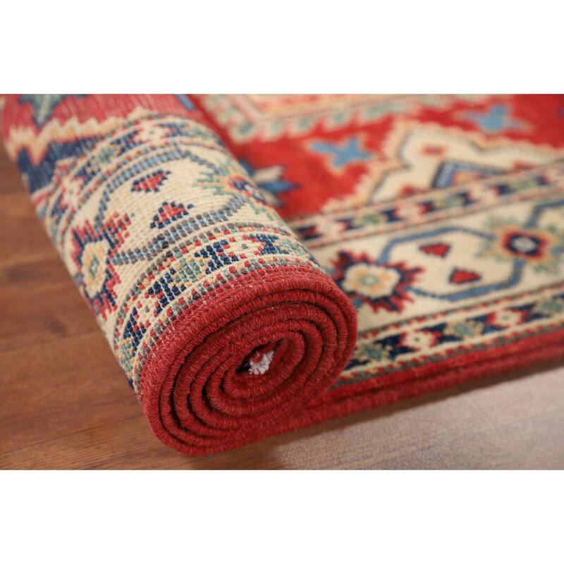 Geometric Kazak Runner Rug Hand-Knotted Wool Carpet - 2'8" x 10'1"