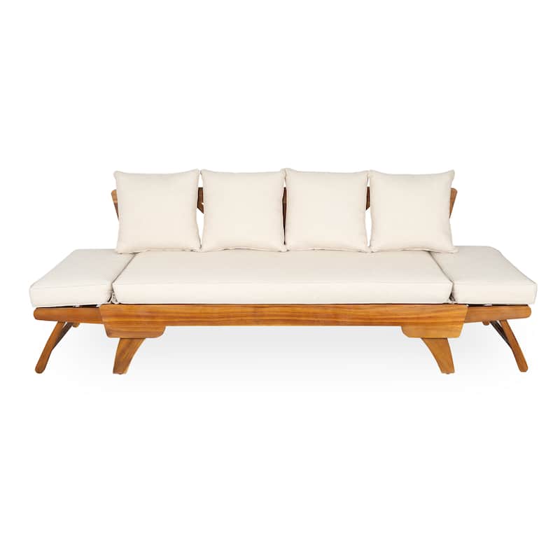 Roomfitters Outdoor Patio Daybed Sofa with Foldable Armrests, 3-Seat Acacia Wood Frame, Removable Beige Cushions